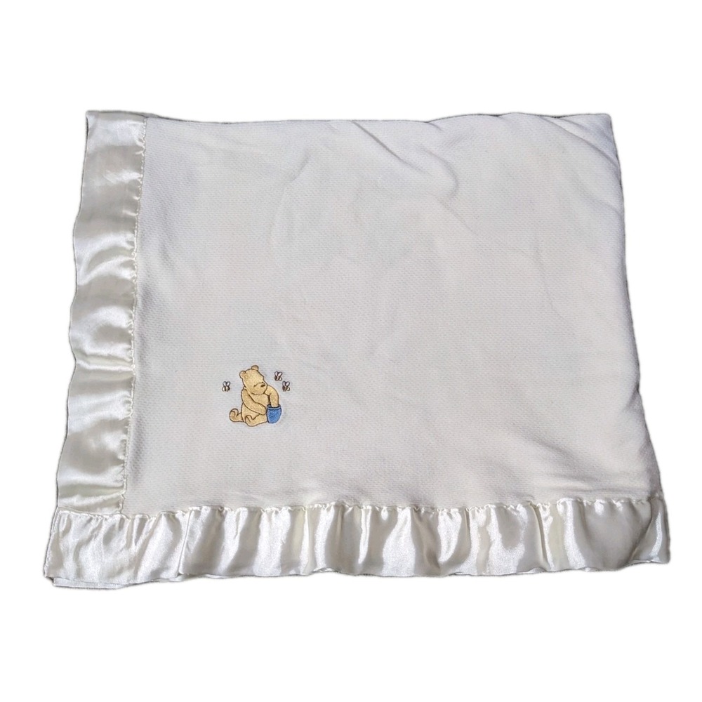READ Vintage Disney Winnie the Pooh Cream Blanket with Satin Edge Honeypot Bees